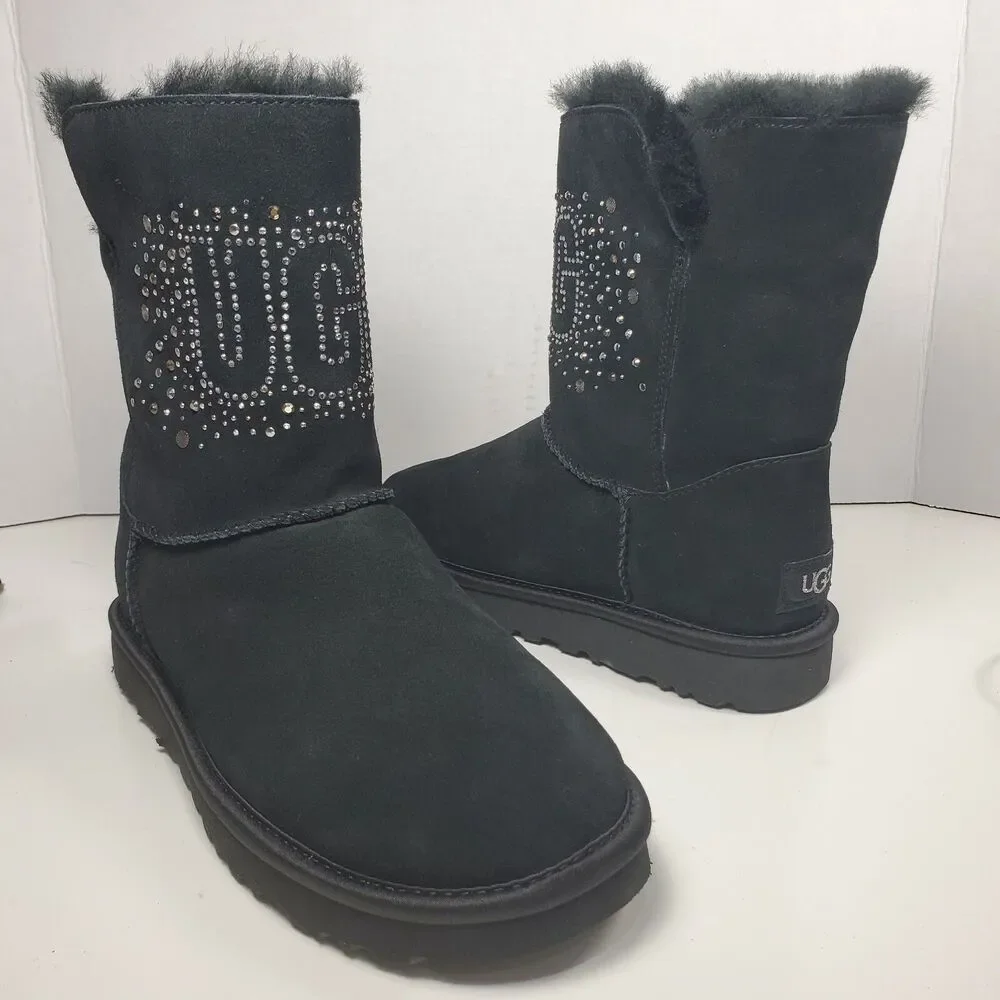 UGG Women boots Classic Bling ankle pull on black suede shearling sz 6 37  new